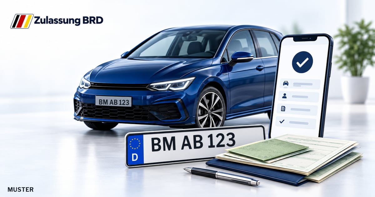 Online Fahrzeugzulassung in Frechen: Musterkennzeichen BM AB 123, Auto und Fahrzeugpapiere und Smartphone. Illustration mit Logo von Zulassung BRD.